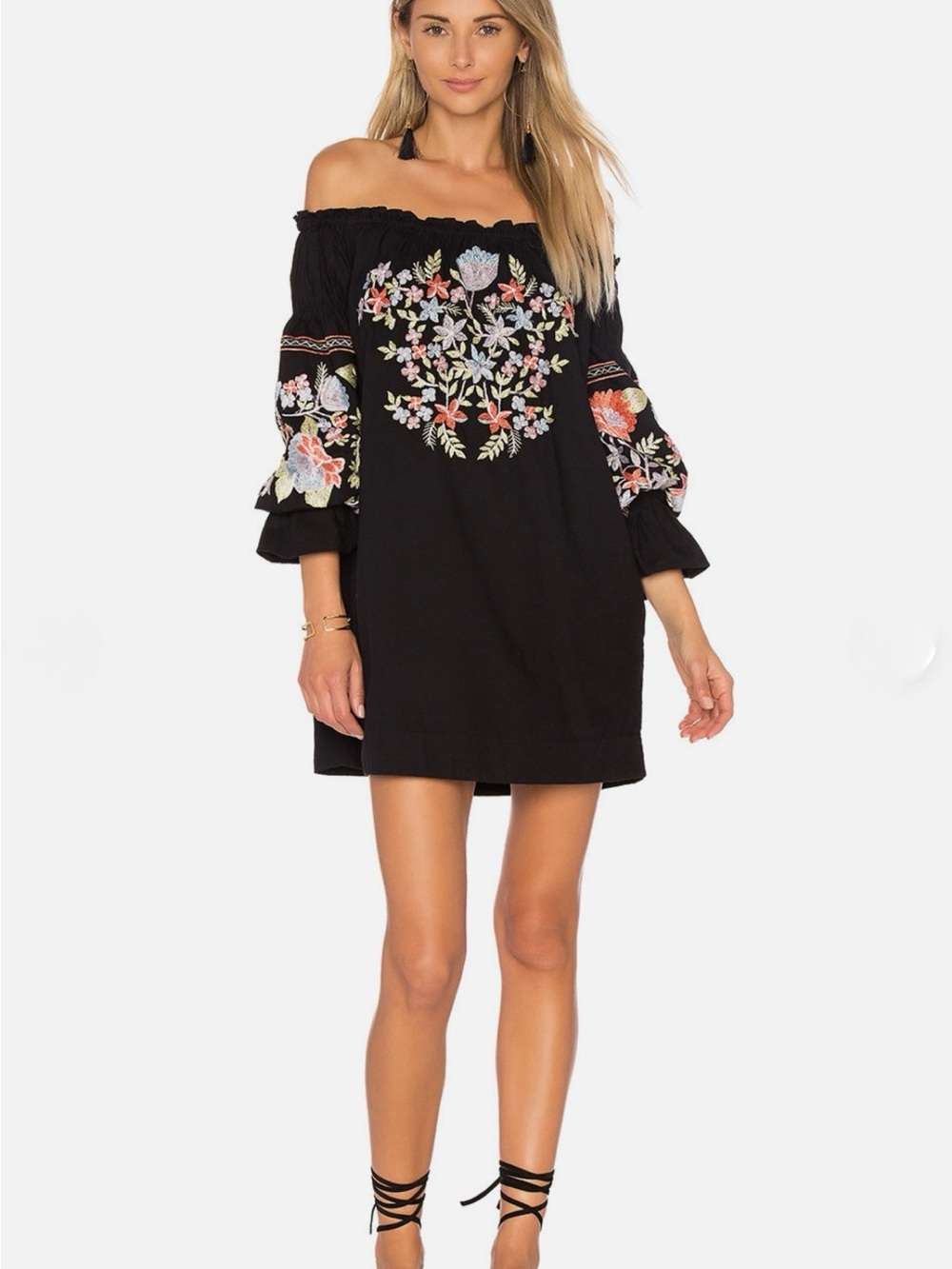 Free People Fleur Du Jour Off The Shoulder Embroidered Black Dress Size Medium